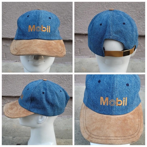 Osterman Outfitters Other - Vtg Mobil Gas Denim Leather Strapback Hat With Suede Bill